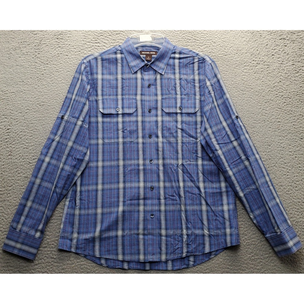 Michael Kors Shirt Mens M Multi Plaid Roll-Tab Sleeve Collared Button-Up EUC